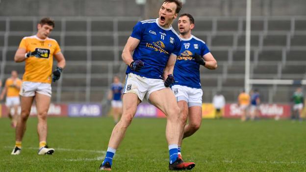 Gearoid McKiernan of Cavan celebrates kicking a point during the Ulster GAA Football Senior Championship Quarter-Final match between Cavan and Antrim at Kingspan Breffni in Cavan. 