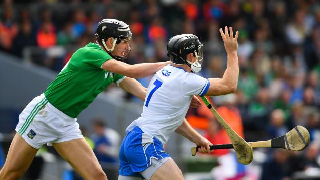 Gearoid Hegarty, Limerick, and Kevin Moran, Waterford, in 2019 Munster Senior Hurling Championship action at Walsh Park.