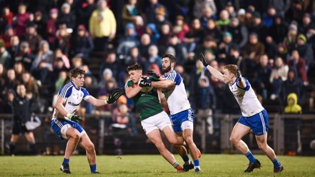 Darren Hughes, Neil McAdam, and Colin Walshe surround Mayo forward Jason Doherty at Elverys MacHale Park last Saturday.