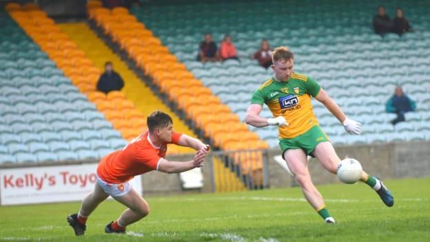 Donegal's Padraig McGettigan gets a shot off against Armagh. 