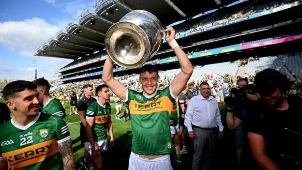 David Clifford of Kerry celebrates with the Sam Maguire Cup after the GAA Football All-Ireland Senior Championship Final match between Kerry and Galway at Croke Park in Dublin. 