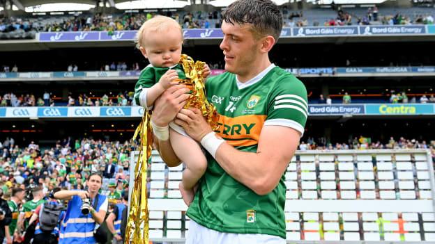 David Clifford and his son Ógie celebrate after the GAA Football All-Ireland Senior Championship Final match between Kerry and Galway at Croke Park in Dublin. 