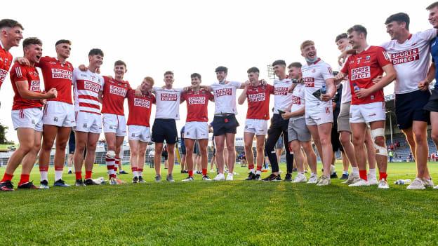  Cork players in a huddle after the EirGrid Munster GAA Football U20 Championship Final match between Cork and Tipperary at Semple Stadium in Thurles, Tipperary.