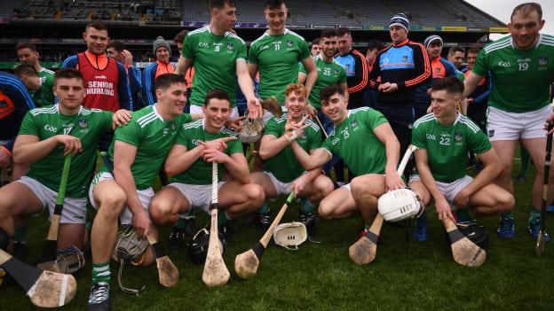 Limerick players celebrate after winning the 2019 Allianz Hurling League Division 1 title. 
