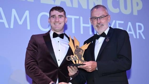Leitrim footballer Keith Beirne recieves his 2022 Tailteann Cup Team of the Year award from Uachtarán Chumann Lúthchleas Gael Larry McCarthy. Photo by Harry Murphy/Sportsfile
