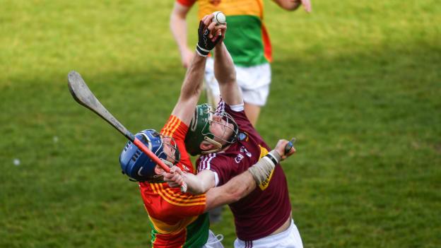Darragh Clinton, Westmeath, and Eoin Nolan, Carlow, during the Allianz Hurling League Division 2A Final.
