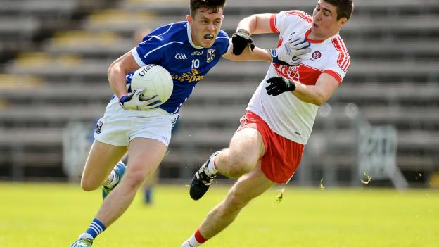 Dara McVeety and Ciaran McFaul tussle at Kingspan Breffni Park.