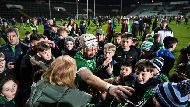 Cian Lynch of Limerick with supporters after the Allianz Hurling League Division 1 Group A match between Limerick and Clare at TUS Gaelic Grounds in Limerick.