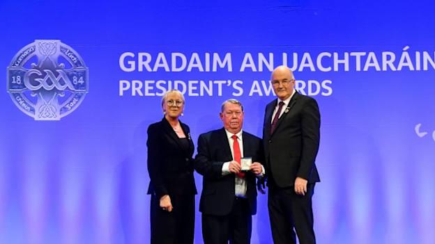 Peter Dennehy of Liscarroll Handball Club, Cork, is presented with the Handball Award by Maolmhuire Tynan, Head of Public Affairs AIB, and Uachtarán Chumann Lúthchleas Gael John Horan during the GAA President’s Awards at Croke Park in Dublin.