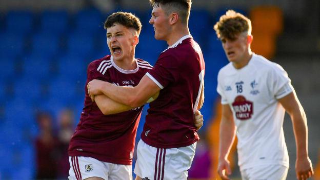 Nathan Grainger of Galway, left, celebrates with team-mate Tomo Culhane after scoring his side's second goal during the Electric Ireland GAA Football All-Ireland Minor Championship Quarter-Final match between Kildare and Galway at Glennon Brothers Pearse Park in Longford. 