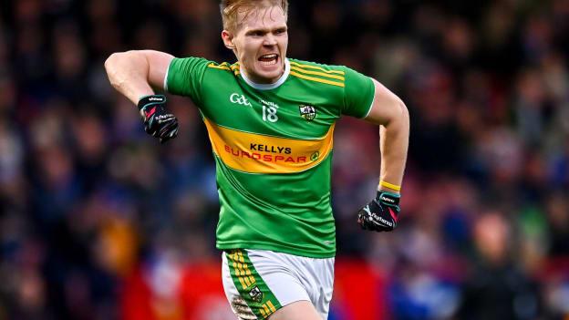 Alex Doherty of Glen celebrates after scoring his side's second goal during the AIB Ulster GAA Football Senior Club Championship Quarter-Final match between Glen and Errigal Ciaran at Celtic Park in Derry.