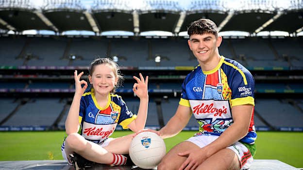 Mayo footballer Tommy Conroy and Éabha Lally, age 9, from Ahascragh-Caltra GAA, Galway, during the Launch of the 2022 Kellogg’s GAA Cúl Camps at Croke Park in Dublin.