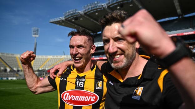 Cillian Buckley and Kilkenny manager Derek Lyng after their side's victory in the Leinster GAA Hurling Senior Championship Final match between Kilkenny and Galway at Croke Park in Dublin. Photo by Harry Murphy/Sportsfile.