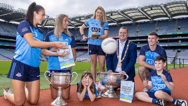 Left to right, Dublin footballers Eilish O'Dowd and Chloe Darby, Ava McManus (11), Dublin camogie player Aisling Maher, Dublin Lord Mayor Daithí de Róiste, Dublin footballer Lee Gannon, and Jack Quilty (11) at the launch of ‘Sky Blue Stars: the Dublin GAA Activity Book’ in Croke Park. 