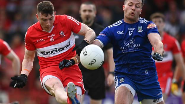 Gareth McKinless of Derry in action against Dessie Ward of Monaghan during the GAA Football All-Ireland Senior Championship Round 1 match between Derry and Monaghan at Celtic Park in Derry. Photo by Harry Murphy/Sportsfile