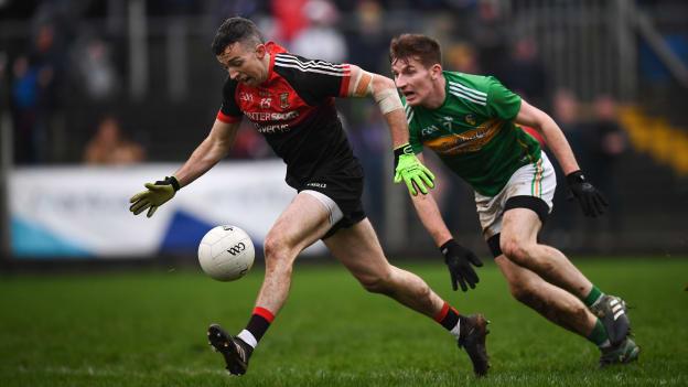 Evan Regan of Mayo in action against Shane Quinn of Leitrim during the 2019 Connacht FBD League Preliminary Round match between Leitrim and Mayo.
