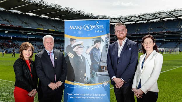 In attendance at the launch of Make A Wish Ireland as one of the Official GAA Charities are, from left, Susan O Dwyer, Uachtarán Chumann Lúthchleas Aogán Ó Fearghail, Gareth Crowe and Niamh Ryan.