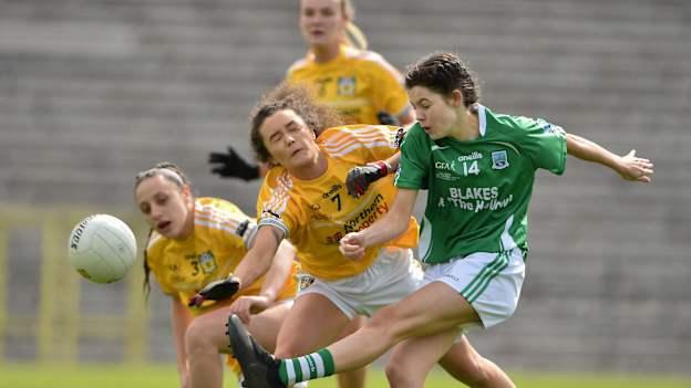 Eimear Smyth of Fermanagh in action against Saoirse Tennyson of Antrim during the Lidl Ladies NFL Division 4 Final between Antrim and Fermanagh at St Tiernach's Park, Clones, Co.Monaghan. 