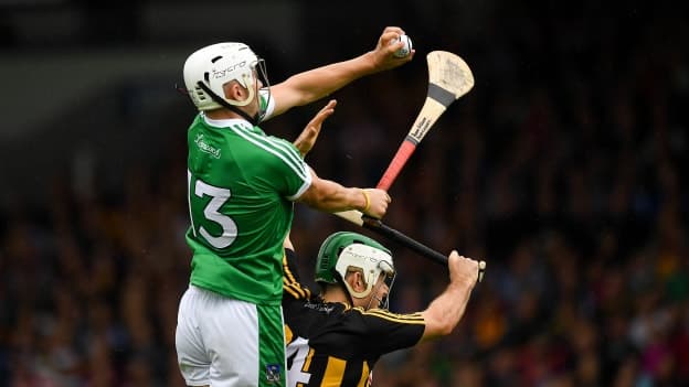 Aaron Gillane, Limerick, and Paddy Deegan, Kilkenny, during the 2018 All Ireland SHC Quarter-Final at Semple Stadium.