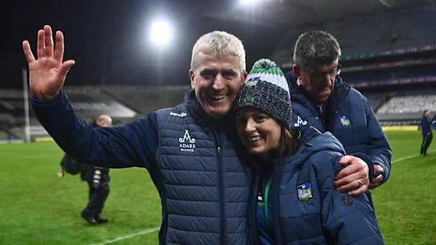 Limerick manager John Kiely with sports psychologist Caroline Currid following the 2020 GAA Hurling All-Ireland Senior Championship Final match between Limerick and Waterford at Croke Park in Dublin.
