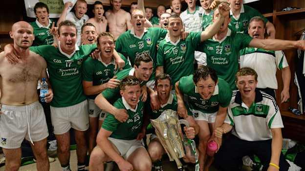 The Limerick panel celebrate with the Cup after victory over Cork in the 2013 Munster SHC Final. 