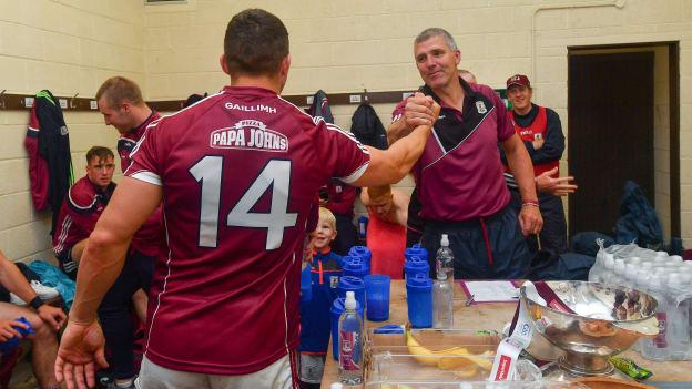 Kevin Walsh and Damien Comer celebrate following the win at Dr Hyde Park.