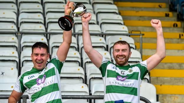 St Fechin’s joint captains Peter Fortune and Brian O'Connell hold aloft the cup after the 2023 CúChulainn Hurling League Division 2 Final match between Naomh Eoin, Sligo, and St Fechin’s, Louth, at Kingspan Breffni Park in Cavan. Photo by Oliver McVeigh/Sportsfile.