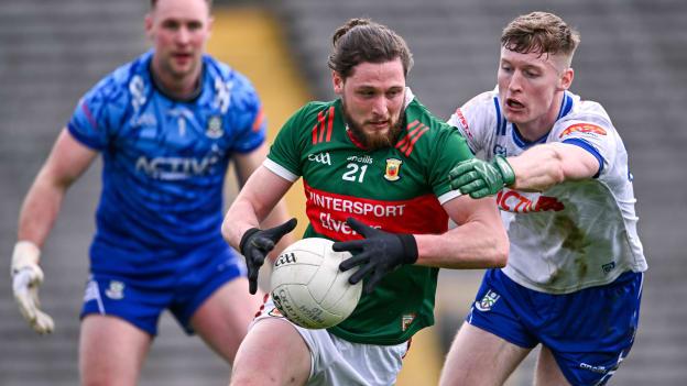Padraig O'Hora of Mayo is tackled by Colm Lennon of Monaghan during the Allianz Football League Division 1 match between Monaghan and Mayo at St Tiernach's Park in Clones, Monaghan. Photo by Ben McShane/Sportsfile.