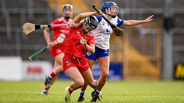 Amy O'Connor of Cork is tackled by Vikki Falconer of Waterford during the Glen Dimplex All-Ireland Camogie Senior Championship semi-final match between Cork and Waterford at UPMC Nowlan Park, Kilkenny. Photo by Ben McShane/Sportsfile.