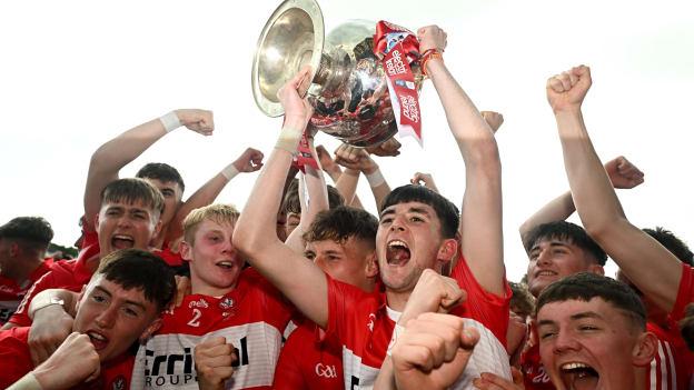 Cahir Speir of Derry celebrates with the Tom Markham Cup after the 2023 Electric Ireland GAA Football All-Ireland Minor Championship final match between Derry and Monaghan at Box-IT Athletic Grounds in Armagh. Photo by Ramsey Cardy/Sportsfile.