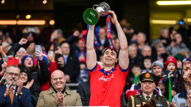 St Thomas' captain Conor Cooney lifts the Tommy Moore Cup after his side's victory in the AIB GAA Hurling All-Ireland Senior Club Championship Final match between O’Loughlin Gaels of Kilkenny and St. Thomas’ of Galway at Croke Park in Dublin. Photo by Ramsey Cardy/Sportsfile.
