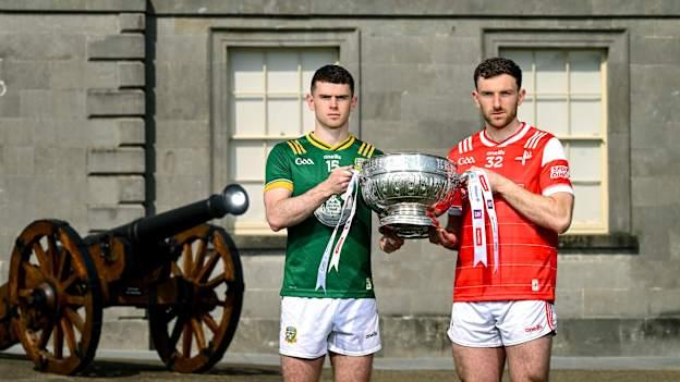  Louth captain Sam Mulroy and Meath captain Eoghan Frayne at Oldbridge House, Battle of the Boyne Visitor Centre in Drogheda, Meath during a media event for the 2025 Leinster GAA Senior Football Championship Final between Louth and Meath which will take place on Sunday 11th of May in Croke Park, Dublin. Photo by Stephen McCarthy/Sportsfile.