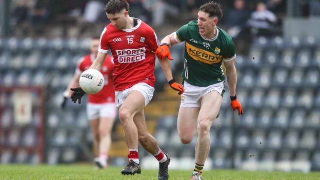 Chris Óg Jones, Cork, and Cillian Burke, Kerry, in McGrath Cup Final action at Páirc Ui Rinn. Photo by Michael P Ryan/Sportsfile