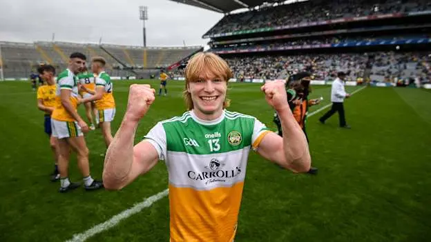 Cormac Egan of Offaly celebrates following the 2021 Eirgrid GAA Football All-Ireland U20 Championship Final match between Roscommon and Offaly at Croke Park in Dublin. Photo by Stephen McCarthy/Sportsfile.