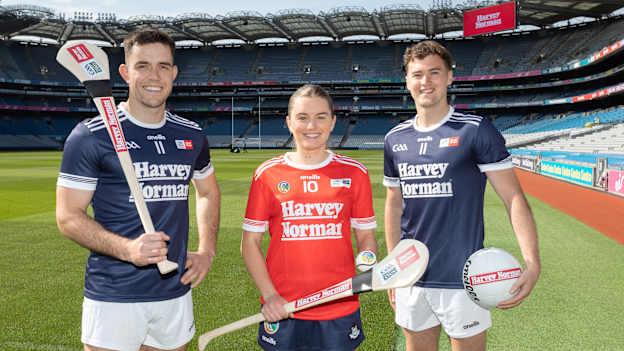 Left to right, Kilkenny hurler Paddy Deegan, Dublin Camogie player Niamh Comerford, and Galway footballer Robert Finnerty pictured at the announcement of Harvey Norman's two new partnerships - with the GAA as the sponsor of GAA Hawk-Eye and as the first official Statistics sponsor of the Camogie Association. 