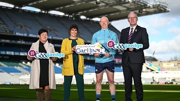 Comórtas Tráchtaireachta Uí Mhuircheartaigh seolta. Ó chlé: Áine Uí Choinn, Cathaoirleach Choiste Náisiúnta Gaeilge CLG, Mairéad Ní Thiománaigh, Gael Linn, Fergal Whitely, Ambasadóir na Gaeilge, CLG, Iarlaith Ó Broin, Uachtaran Chumann Lúthchleas Gael.