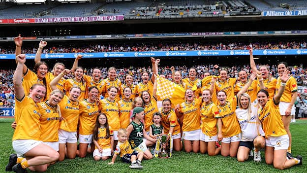 The Antrim player celebrate after victory over Laois in the Glen Dimplex All-Ireland Intermediate Camogie Final. 