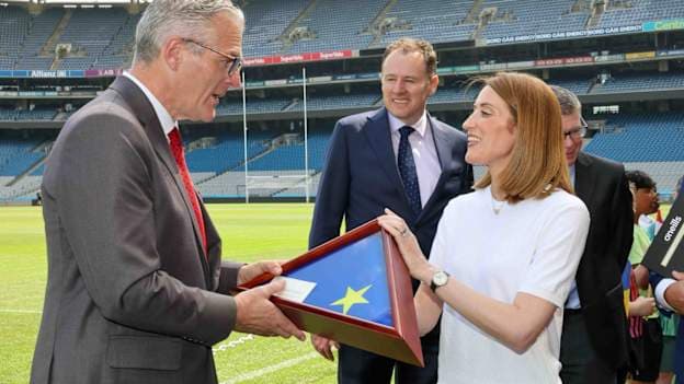European Parliament President, Roberta Metsola, presents GAA President, Jarlath Burns, with a flag of the European Union that was flown on February 10, 2025, during the visit of the Taoiseach Micheál Martin to the European Parliament. 