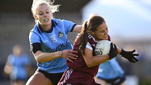 Kate Geraghty of Galway in action against Nicole Owens of Dublin during the TG4 All-Ireland Ladies Football Senior Championship quarter-final match between Dublin and Galway at Parnell Park in Dublin. Photo by Seb Daly/Sportsfile.