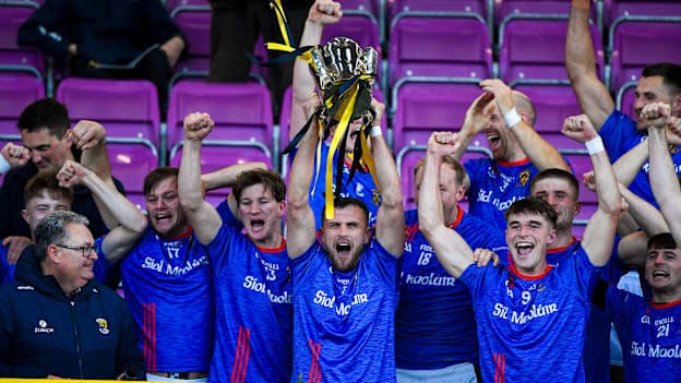 Conor Hearne captain of Shelmaliers lifts the cup as his team-mates celebrate after the Wexford County Senior Club Hurling Championship final match between Shelmaliers and Rathnure at Chadwicks Wexford Park in Wexford. Photo by Matt Browne/Sportsfile.