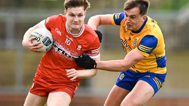 Ethan Doherty of Derry in action against Enda Smith of Roscommon during the Allianz Football League Division 1 match between Derry and Roscommon at Celtic Park in Derry. Photo by Ramsey Cardy/Sportsfile