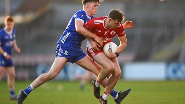 Conor O’Neill, Tyrone, and Shane O’Connor, Monaghan, in Dalata Hotel Group Ulster U20 Football Championship Final action. Photo by Shauna Clinton/Sportsfile