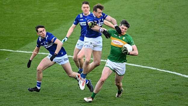 Pearce Dolan, Leitrim, and Kieran Lillis, Laois, in action during the 2024 Allianz Football League Division Four Final at Croke Park. Photo by Ramsey Cardy/Sportsfile
