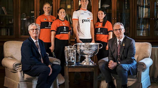 Professor John O’Halloran, President UCC; Meadhbh Ring, captain of the 2026 Ashbourne Cup winning team with UCC, Amy O’Connor, Cork senior camogie player and UCC alumnus; Ben Cunningham, Cork senior hurling team and UCC student; Méabh Murphy, Ashbourne Cup winning player and Jarlath Burns GAA President at the announcement of a new partnership between UCC and the GAA to publish the Atlas of the GAA in the award-winning Atlas Series from Cork University Press. Photo: Marcin Lewandowski