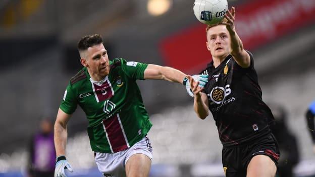 Liam Kerr, Down, and James Dolan, Westmeath, during the Allianz Football League Division 3 Final at Croke Park. Photo by Shauna Clinton/Sportsfile