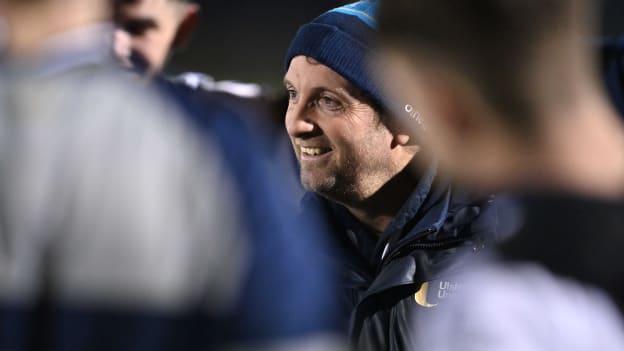 Ulster University manager Barry Dillon speaks to his players after his side's victory in the Electric Ireland Higher Education GAA Sigerson Cup Round 3 match between Ulster University and MTU Cork at the GAA National Games Development Centre in Abbotstown, Dublin. Photo by Stephen Marken/Sportsfile.