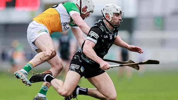 Aaron Gillane, Limerick, and David Nally, Offaly, in Allianz Hurling League action. Photo by Thomas Flinkow/Sportsfile