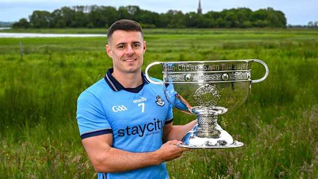 Brian Howard of Dublin poses for a portrait with the Sam Maguire Cup during the launch of the GAA Football All-Ireland Senior Championship National 2024 at Lough Beg in Derry. Photo by Brendan Moran/Sportsfile.