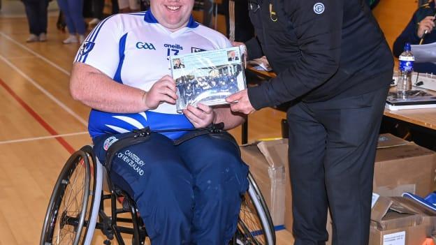 Carlow GAA chairperson Jim Bolger presenting Ireland player Shane Curran of Connacht with a commemorative plaque for their trip to Prague last year. Photo by Ben McShane/Sportsfile