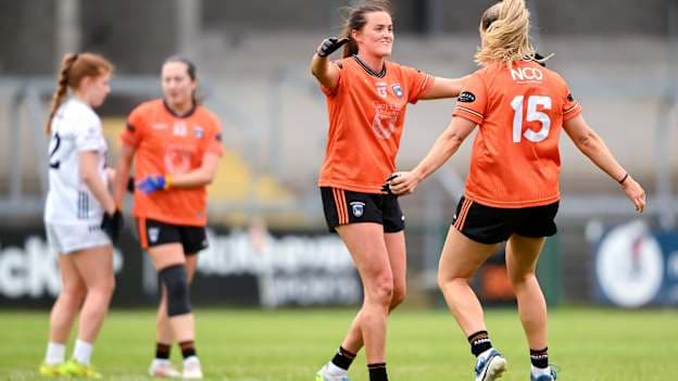Aimee Mackin and Kelly Mallon celebrate after Armagh's All-Ireland Ladies Football Championship Quarter-Final win over Kildare earlier this year. Photo by Shauna Clinton/Sportsfile